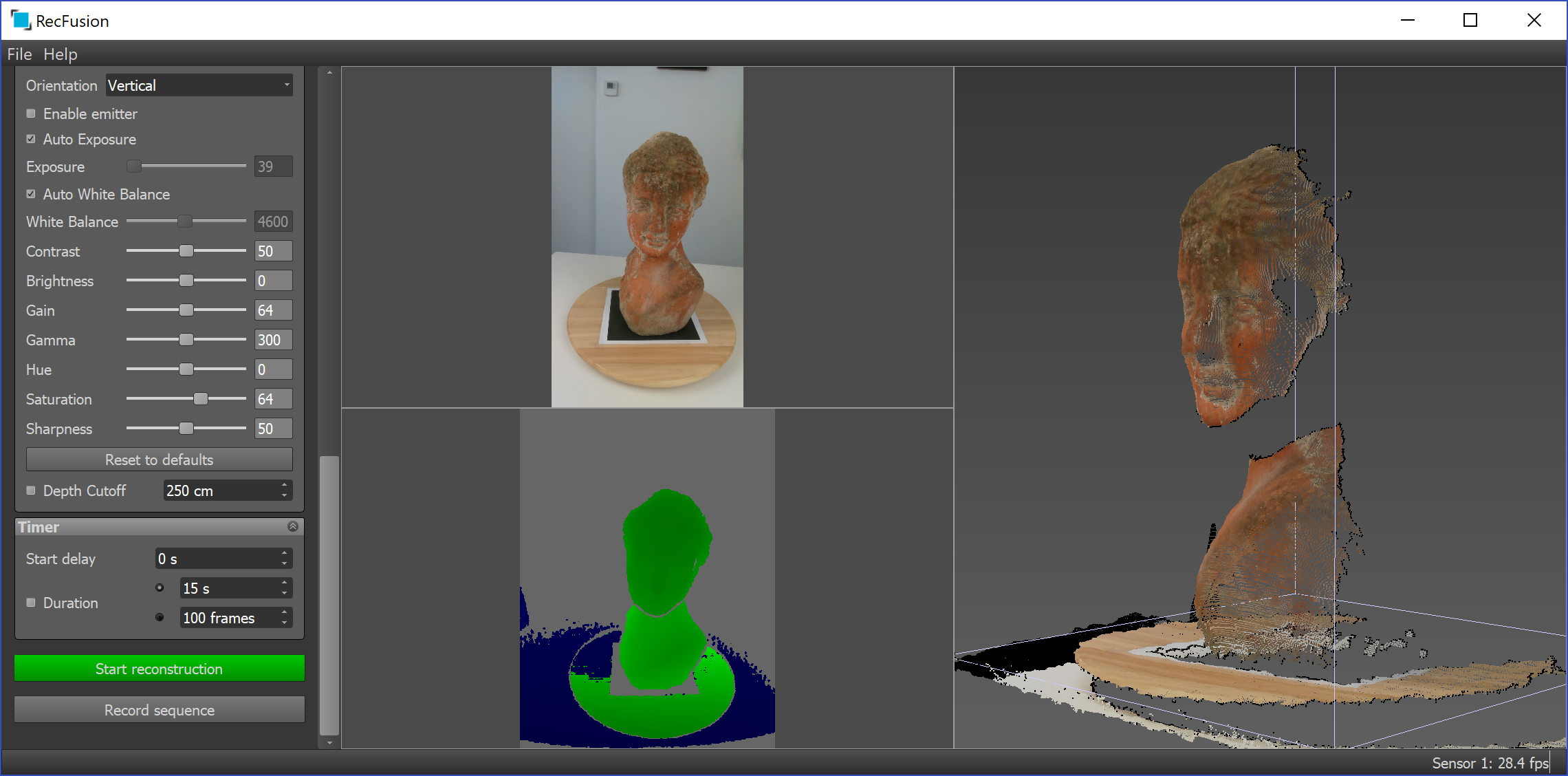 หน้าจออินเทอร์เฟซซอฟต์แวร์สแกน 3 มิติ (เช่น RecFusion) แสดงภาพโมเดล Mesh ของคนกำลังก่อตัวขึ้นแบบเรียลไทม์จากข้อมูลเซนเซอร์ Azure Kinect