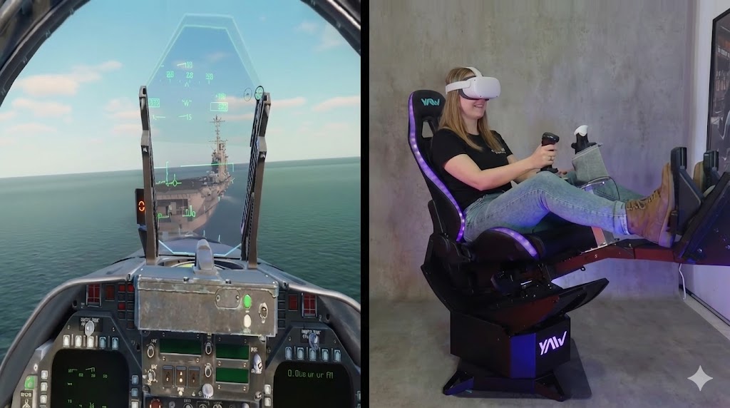 เปรียบเทียบประสบการณ์ Flight Sim เสมือนจริงด้วย Yaw3: ภาพซ้ายแสดงมุมมองห้องนักบินในเกม VR ภาพขวาแสดงผู้หญิงกำลังขับเครื่องบินด้วยเก้าอี้ Yaw3 Motion Simulator และแว่น VR